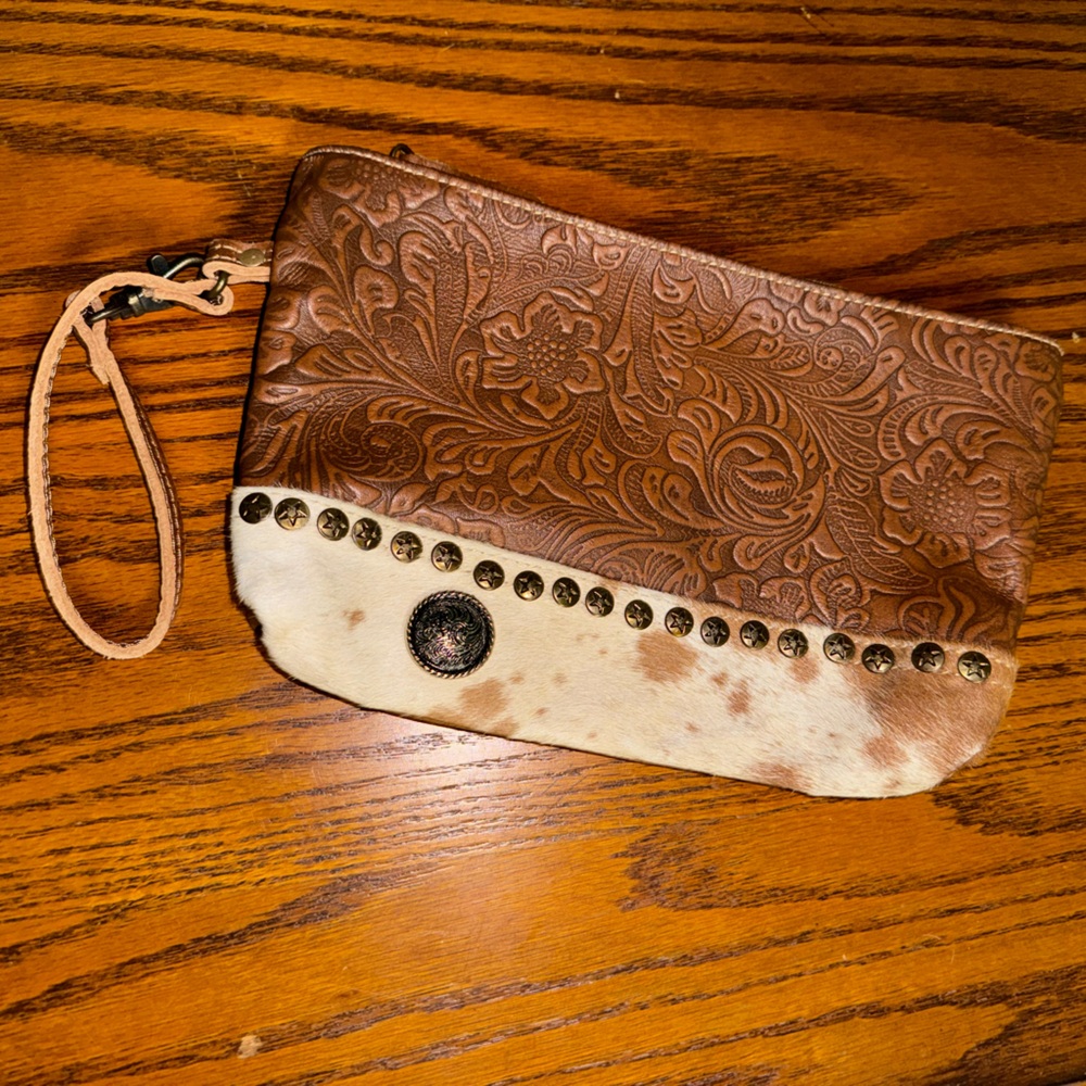 Myra Brown and Tan Embossed Leather Wristlet